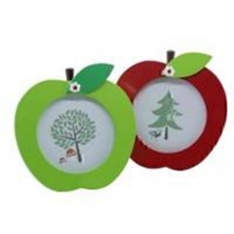 Apple shape Frame by Gisela Graham - Choice of 2. Small wooden photo frame in the shape of an apple. Choice of Green or Red if preference please specify when ordering. Stand on back so frame can be stood on flat surface. For photo size 7x7cm Size 9x10